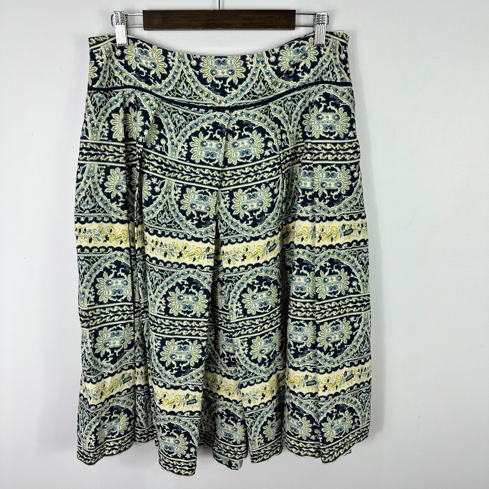DKNY Silk Blend Skirt Women 12 Navy Blue Paisley Pleated A-Line Knee Length Boho